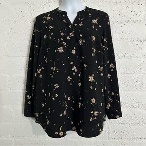 Hilary Bradley Womens Top L Black Tan Floral Long Sleeve Split Button Neck AN7